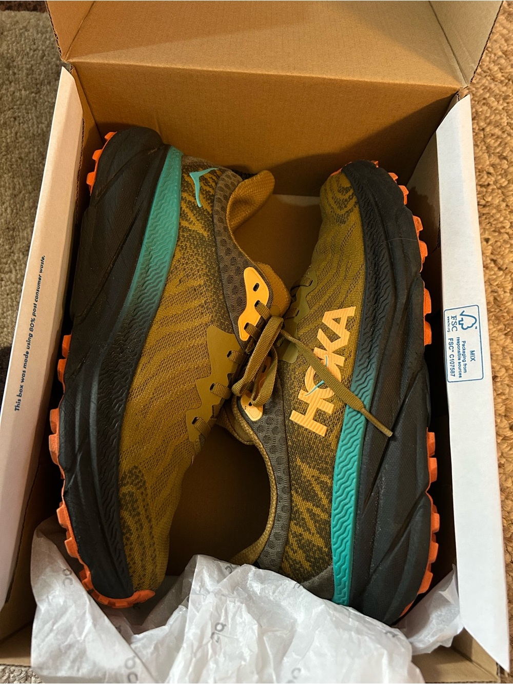 Hoka Men's Olive/Teal/Orange Trail Running Shoes